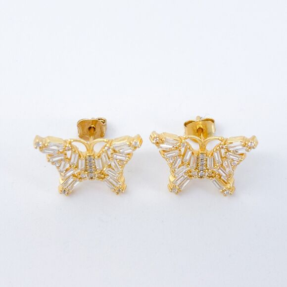 Vintage FZN Sterling Silver 925 Gold Tone Cubic Zirconia Butterfly Stud Earrings - Picture 3 of 6